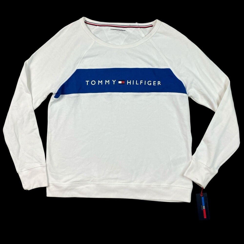 Tommy Hilfiger Sporty Sweatshirt Womens L White Blue Logo Preppy